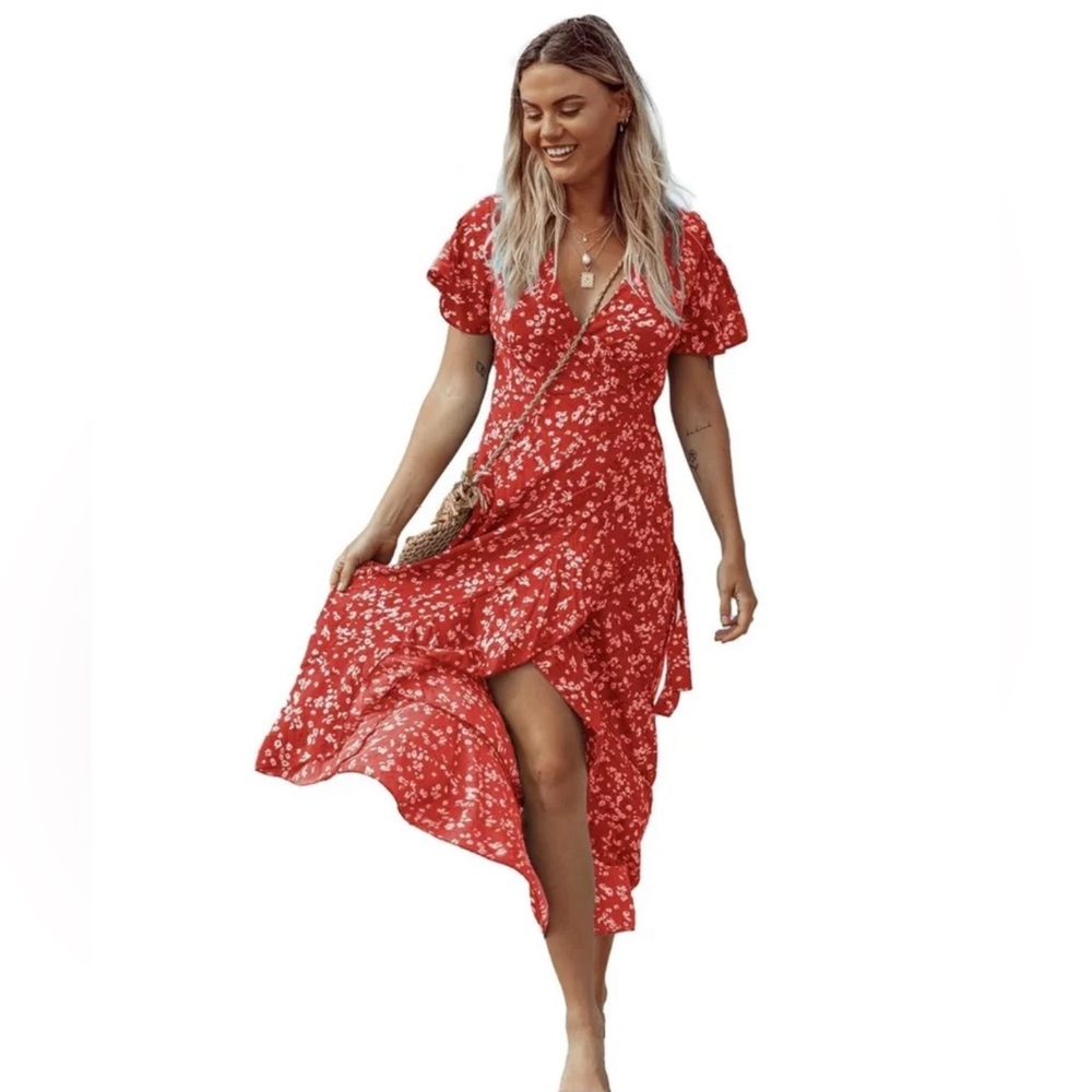 BerryGo Women's Ruffle Floral V Neck Wrap Dress